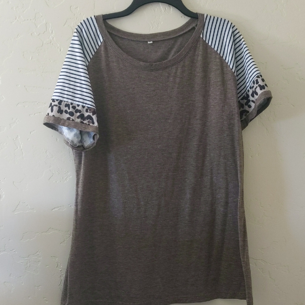 Brown T-Shirt with Striped and Leopard Sleeves